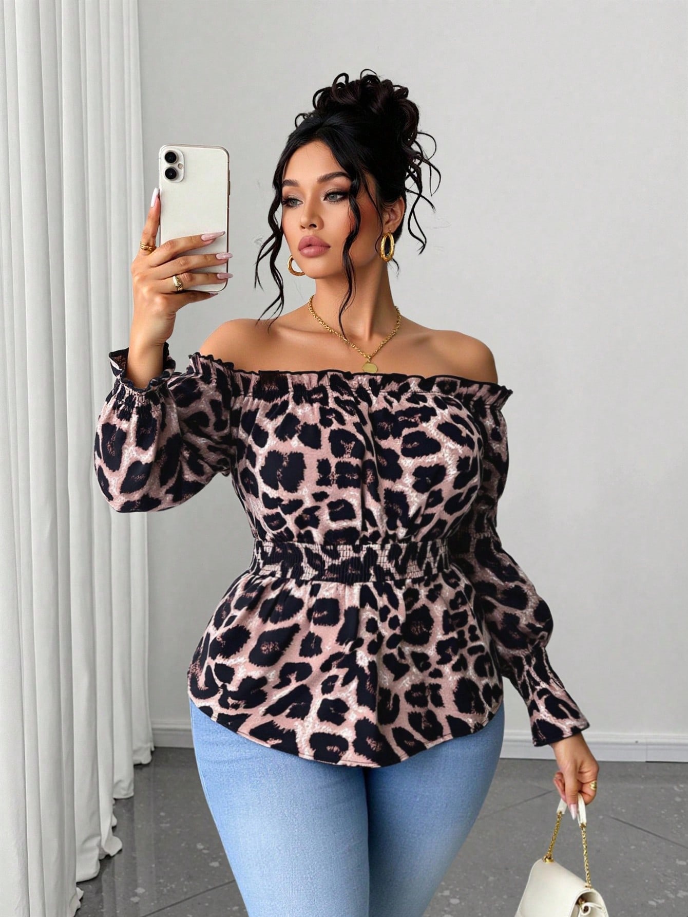 Off Shoulder Blouse - Damska bluzka plus size z nadrukiem