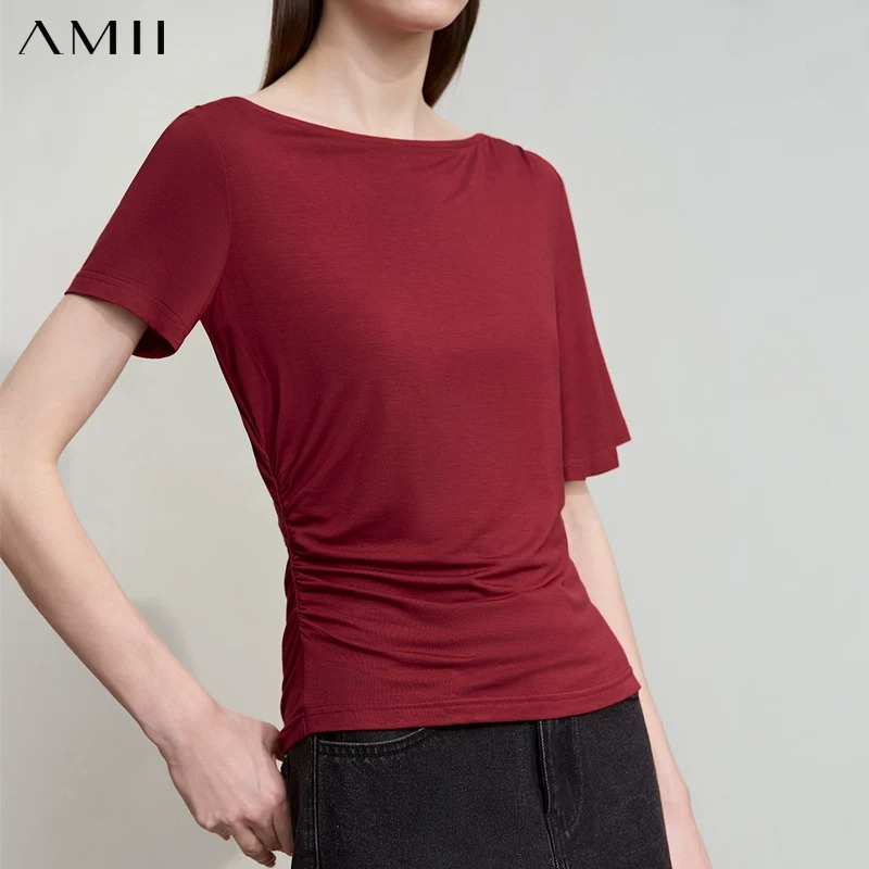 Summer Clothing Drop - AMII Minimalistyczna Damska Koszulka Slim Fit