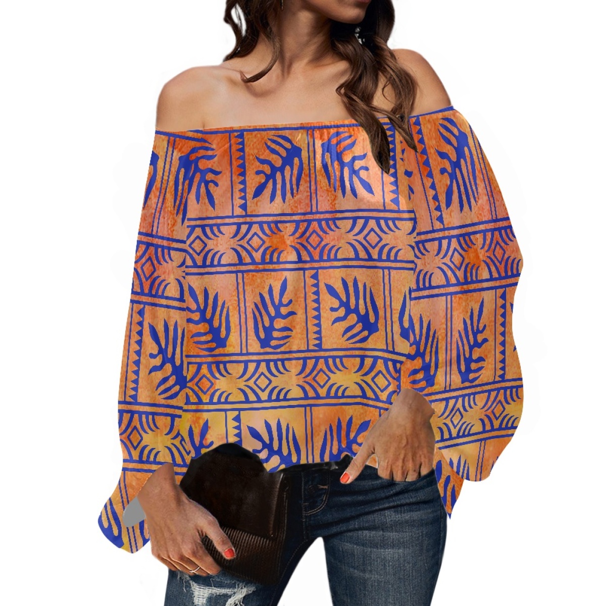 Off Shoulder Blouse - Polinezyjska odzież plemienna Samoański wzór Tapa