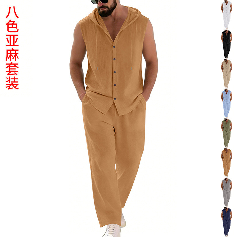Summer Clothing Sets - Męski lniany komplet casualowy: bluza z