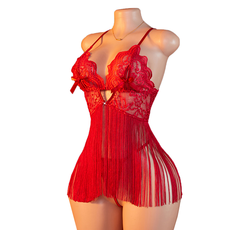 Summer Clothing For Women - Przezroczysta koronkowa damska czerwona sukienka nocna